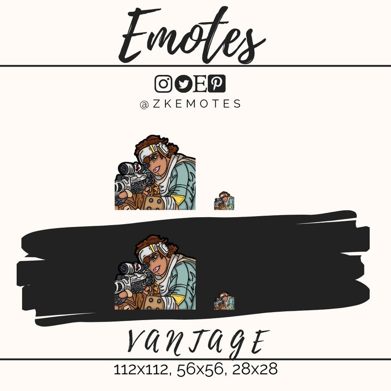 May include: A digital illustration of a character from the video game Apex Legends. The character is Vantage, a sniper with a brown and blue outfit. The image includes three different sizes of the illustration, 112x112 pixels, 56x56 pixels, and 28x28 pixels.