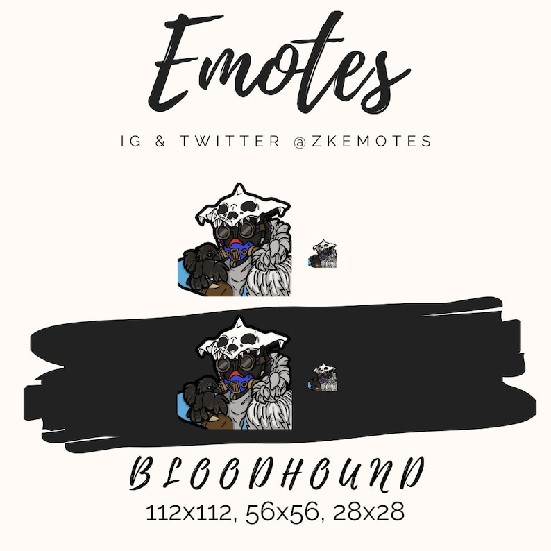 May include: A digital illustration of a Bloodhound character from the video game Apex Legends. The character is wearing a white and grey hooded outfit with a gas mask and holding a small, brown creature. The image includes the text "Bloodhound" and "112x112, 56x56, 28x28".