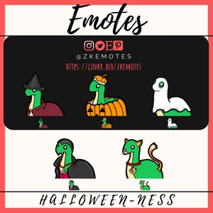 May include: A set of Halloween-themed digital emotes featuring a green creature in various costumes, including a witch, a pumpkin, a ghost, a vampire, and a cat. The emotes are designed in a cartoon style and are perfect for use on social media or in online chats. The text "Emotes" and "@ZKEMOTES" is displayed at the top of the image. The text "HALLOWEEN-NESS" is displayed at the bottom of the image.