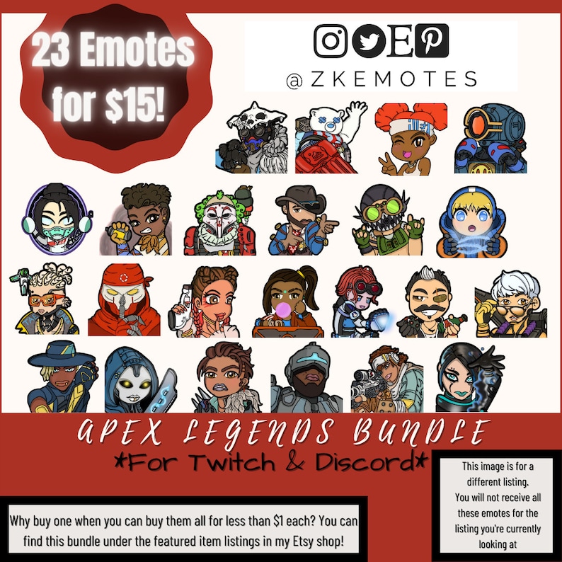 Puede incluir: Una ilustraci&oacute;n digital de 23 emotes de personajes diferentes de Apex Legends para Twitch y Discord. Los emotes est&aacute;n dispuestos en una cuadr&iacute;cula con un fondo rojo y el texto "23 Emotes for $15!" en la parte superior. El texto "APEX LEGENDS BUNDLE *For Twitch & Discord*" est&aacute; en el centro de la imagen. El texto "&iquest;Por qu&eacute; comprar uno cuando puedes comprarlos todos por menos de $ 1 cada uno? Puedes encontrar este paquete en las listas de art&iacute;culos destacados de mi tienda Etsy!" est&aacute; en la parte inferior de la imagen.