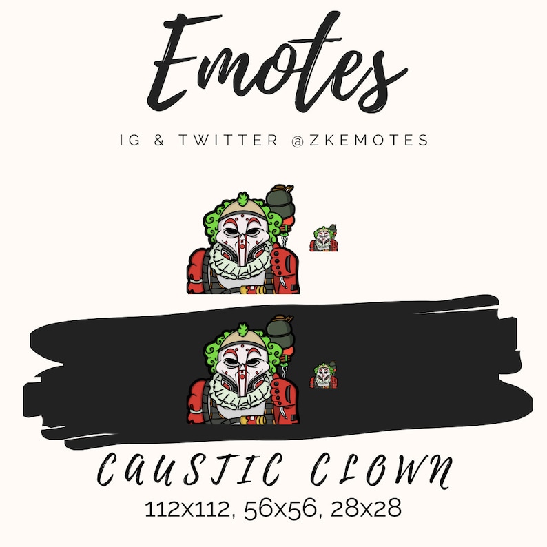 Puede incluir: Una ilustraci&oacute;n digital de un personaje de dibujos animados con un disfraz de payaso rojo y blanco, cabello verde y una m&aacute;scara de gas. El personaje sostiene un contenedor de gas verde. El texto "Caustic Clown" est&aacute; debajo del personaje. El texto "112x112, 56x56, 28x28" est&aacute; debajo del texto "Caustic Clown".