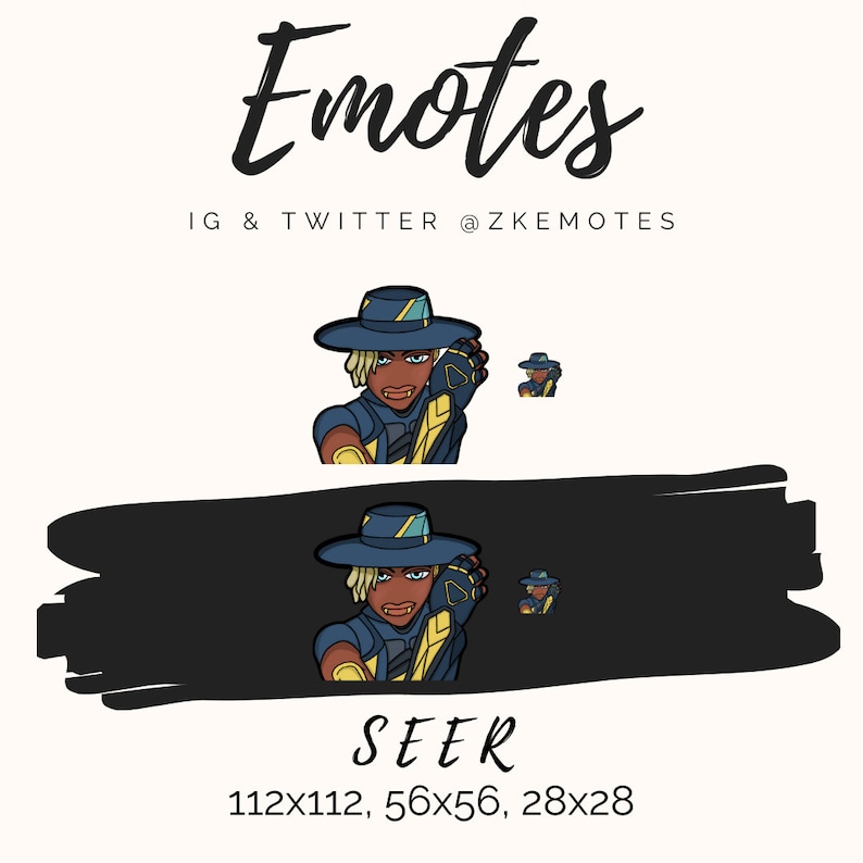 Pu&ograve; includere: Un'illustrazione digitale di un personaggio dei cartoni animati con la pelle marrone, gli occhi blu e vestiti blu e gialli. Il personaggio indossa un cappello blu e giallo e tiene una pistola. Il personaggio si chiama "SEER" ed &egrave; disponibile in tre dimensioni: 112x112, 56x56 e 28x28.