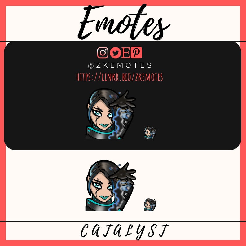 May include: A digital illustration of Catalyst, a character from the video game Apex Legends. The image shows Catalyst in two different sizes, with a blue and black color scheme. The text "Catalyst" is written below the image.