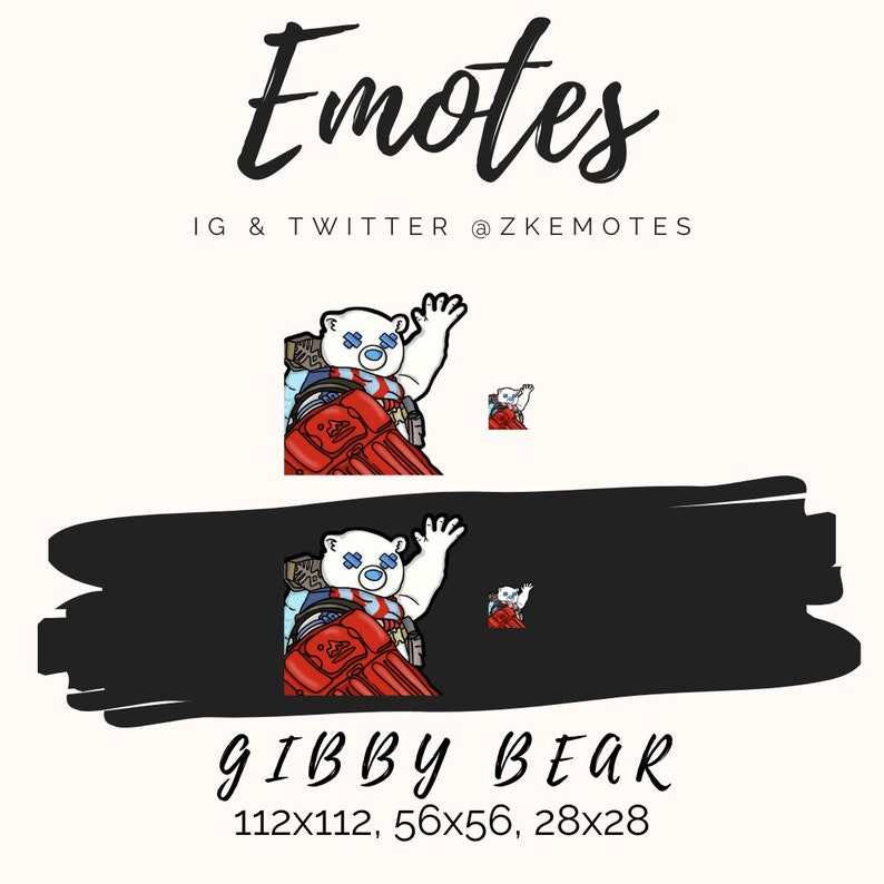 May include: A cartoon illustration of a white polar bear wearing blue sunglasses and a red backpack. The bear is holding a red and white weapon and is waving. The text "Gibby Bear" is below the image, along with the dimensions "112x112, 56x56, 28x28".