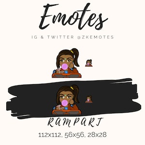 May include: A digital illustration of a cartoon character with brown hair and a ponytail, wearing a brown jacket and blue shirt, blowing a pink bubble. The character is sitting in a vehicle with a brown and orange color scheme. The text "Rampart" is below the character, along with the dimensions "112x112, 56x56, 28x28".
