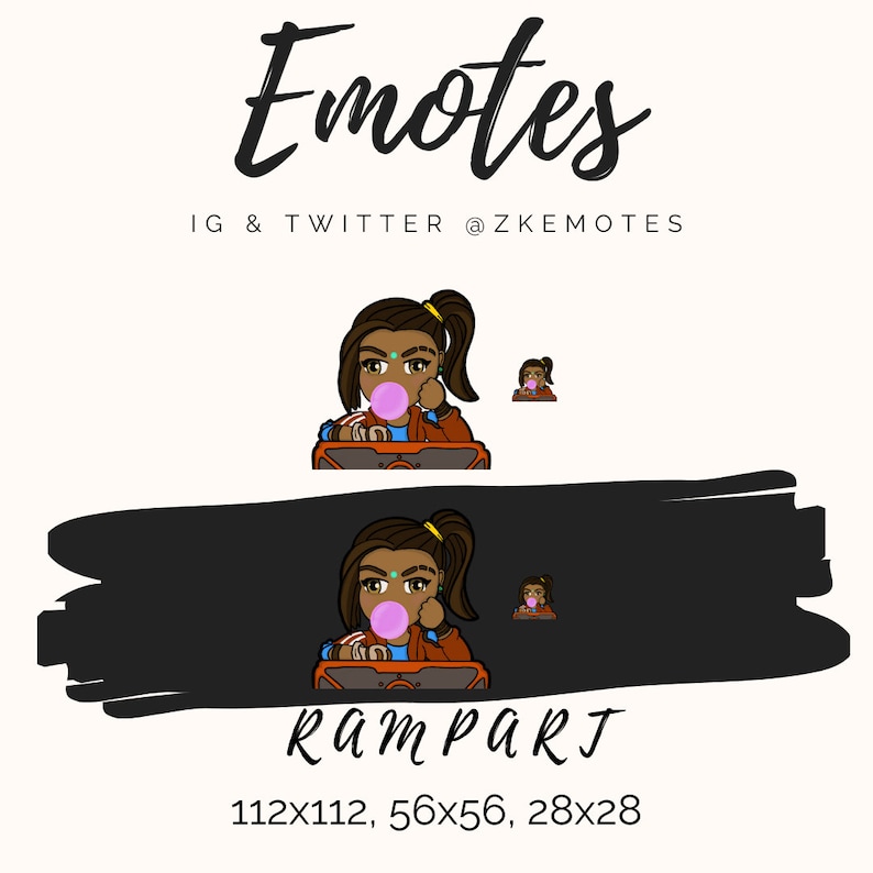 May include: A digital illustration of a cartoon character with brown hair and a ponytail, wearing a brown jacket and blue shirt, blowing a pink bubble. The character is sitting in a vehicle with a brown and orange color scheme. The text "Rampart" is below the character, along with the dimensions "112x112, 56x56, 28x28".