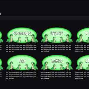 May include: A dark Twitch profile page with green and white graphics. The page features buttons labelled "About," "Commands," "Credits," "Discord," "Donate," "FAQ," "Games," and "Socials," each with a cartoon dinosaur design.