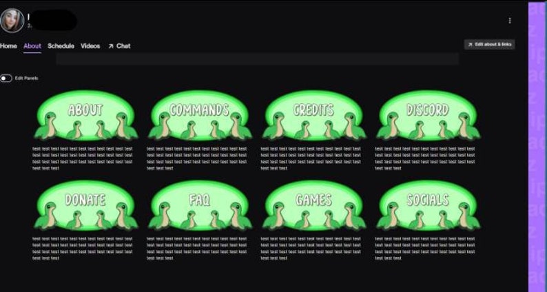 May include: A dark Twitch profile page with green and white graphics. The page features buttons labelled "About," "Commands," "Credits," "Discord," "Donate," "FAQ," "Games," and "Socials," each with a cartoon dinosaur design.