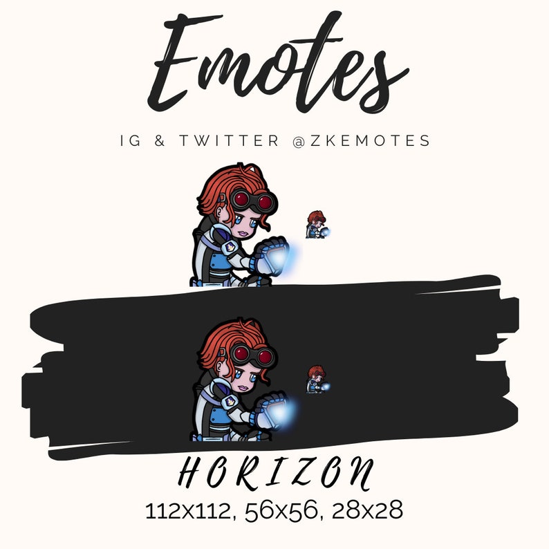 Puede incluir: Una ilustraci&oacute;n digital de un personaje de dibujos animados, Horizon del videojuego Apex Legends, con un mono azul y blanco, cabello rojo y gafas. El personaje sostiene una bola de energ&iacute;a azul en su mano derecha. La imagen incluye el texto "Emotes" y "IG & TWITTER @ZKEMOTES" en la parte superior y "HORIZON" y "112x112, 56x56, 28x28" en la parte inferior.