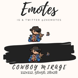 May include: Cowboy Mirage emote with a black background. The emote is a cartoon character wearing a blue shirt, brown hat, and sunglasses. The emote is pointing to the right. The emote is available in three sizes: 112x112, 56x56, and 28x28.
