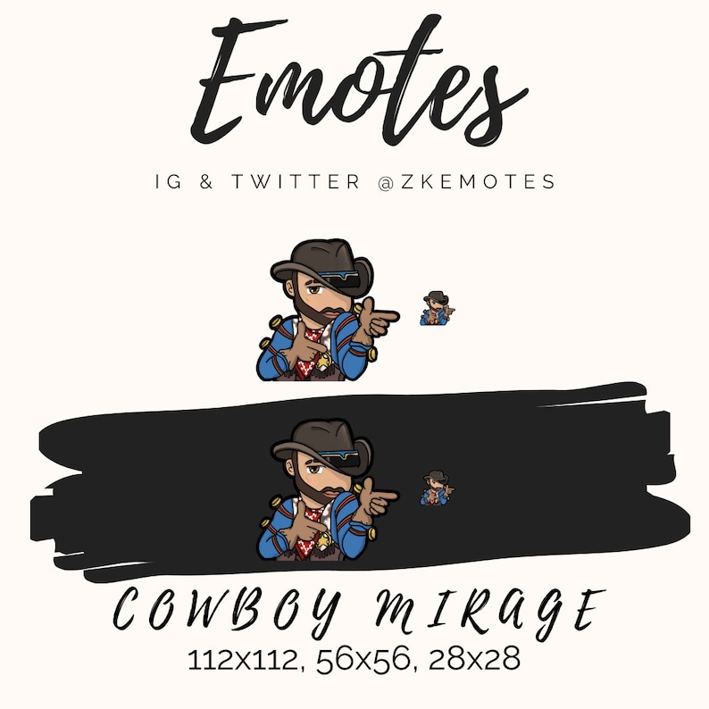 May include: Cowboy Mirage emote with a black background. The emote is a cartoon character wearing a blue shirt, brown hat, and sunglasses. The emote is pointing to the right. The emote is available in three sizes: 112x112, 56x56, and 28x28.