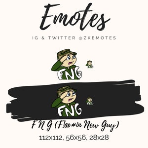 May include: A cartoon illustration of a person wearing a camouflage hat and uniform saluting with the text "FNG" on their chest. The text "FNG (F!@#in New Guy)" is below the image. The image is available in three sizes: 112x112, 56x56, and 28x28.