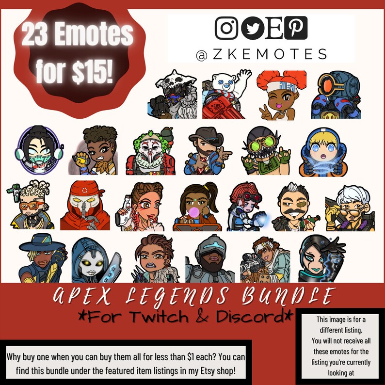 Pu&ograve; includere: Un'illustrazione digitale di 23 diverse emote di personaggi di Apex Legends per Twitch e Discord. Le emote sono disposte in una griglia con uno sfondo rosso e il testo "23 Emotes for $15!" in alto. Il testo "APEX LEGENDS BUNDLE *For Twitch & Discord*" &egrave; al centro dell'immagine. Il testo "Perch&eacute; comprarne uno quando puoi comprarli tutti per meno di $ 1 ciascuno? Puoi trovare questo pacchetto tra gli articoli in evidenza nel mio negozio Etsy!" &egrave; in basso nell'immagine.