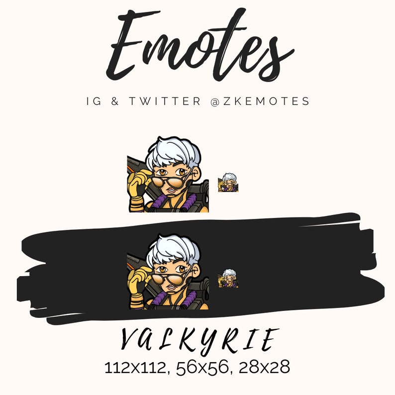 Puede incluir: Una ilustraci&oacute;n digital de un personaje de dibujos animados con cabello blanco, usando gafas de sol y un chaleco amarillo. El personaje sostiene un arma y lleva una mochila. La imagen incluye el texto "VALKYRIE" y "112x112, 56x56, 28x28".
