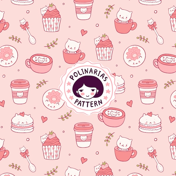 Kawaii Sweet Cat Seamless Pattern - Design for Kids Fabric