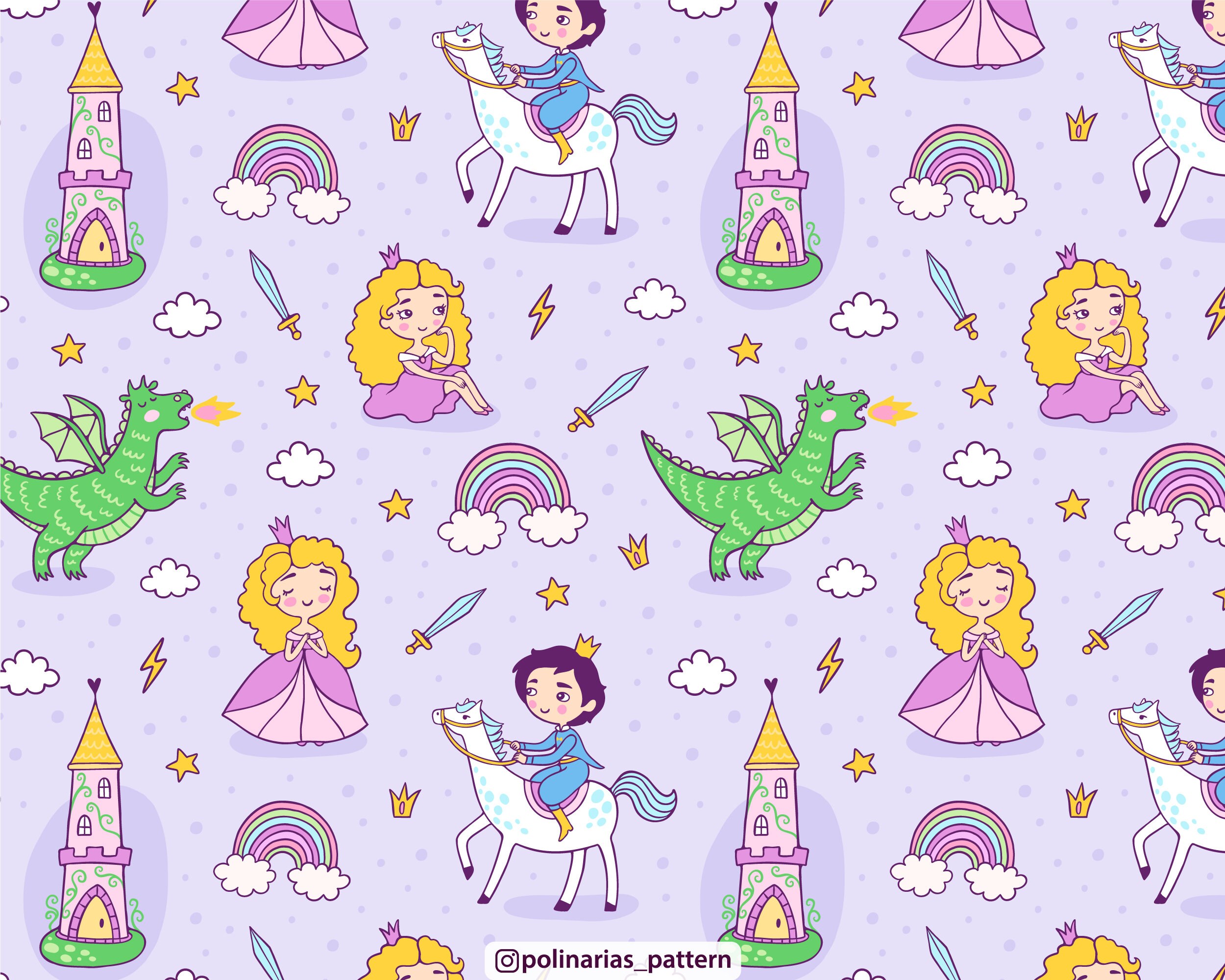 Cute Princess and Dragon Seamless Pattern - Purple Fabric Digital ...