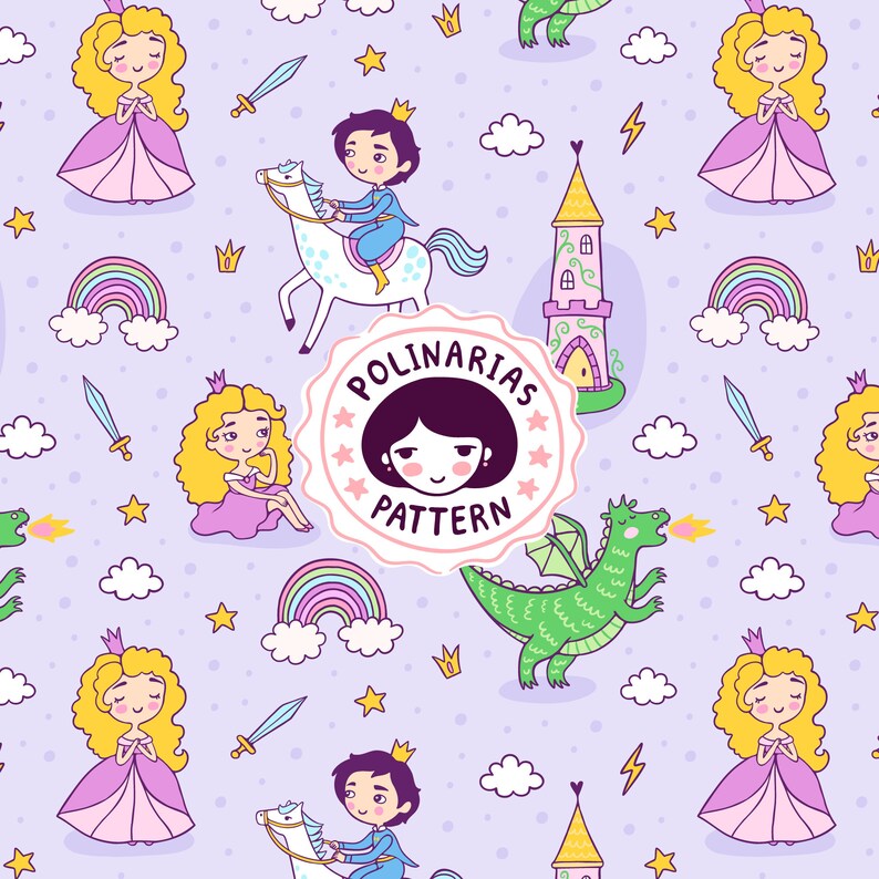 Cute Princess and Dragon Seamless Pattern - Purple Fabric Digital ...