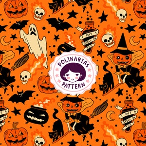 Retro Halloween Seamless File, Cute Spooky Repeating Pattern Design for Fabric, Pumpkin Witch Autumn Digital Paper