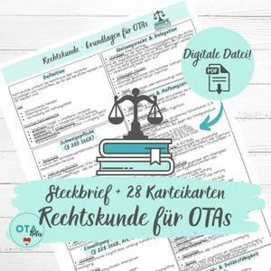 May include: A digital PDF file with the text "Rechtskunde für OTAs" and "Steckbrief + 28 Karteikarten" in German. The image includes a stack of books, a scale of justice, and detailed legal information.