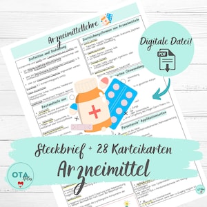 May include: A digital PDF file with medical information. The image features a diagram with text, illustrations of pills, and the words "Arzneimittel" and "Digital File". The file includes a summary and 28 flashcards.