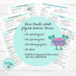 May include: A colourful illustration of a brain with glasses lifting weights, with the text "This bundle contains the following anatomy topics: The shoulder girdle, The shoulder joint, The elbow joint, The hand, Blood supply and innervation of the upper extremity".