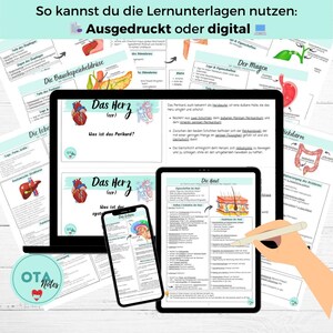 May include: A set of printable and digital learning resources for students. The resources feature colourful illustrations of the human body, including the heart, stomach, intestines, and skin. The text on the pages is in German.
