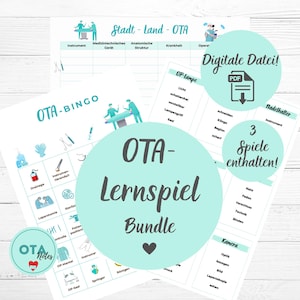 Puede incluir: Un conjunto de materiales educativos para la formación de OTA (Técnico de Quirófano). El conjunto incluye varias hojas impresas con diagramas, listas y el texto "OTA-Lernspiel Bundle" en un gran círculo turquesa. También son visibles las palabras "Digitale Datei!" y "3 Spiele enthalten!"