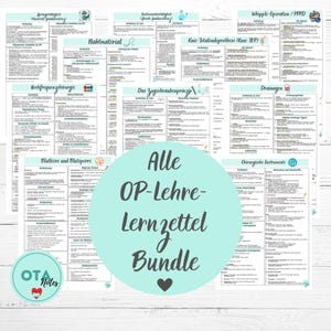 Könnte beinhalten: Ein Bundle von Lernzetteln zu medizinischen Themen wie chirurgischen Instrumenten und Knieprothesen, angeordnet auf einer weißen Oberfläche. Ein türkisfarbener Kreis in der Mitte trägt die Aufschrift "Alle OP-Lehre-Lernzettel Bundle."