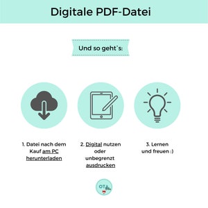 May include: A light blue and white illustration shows three steps to using a digital PDF file: download, use digitally, and learn and enjoy. The text "Digitale PDF-Datei" is at the top of the image. The text "Und so geht's" is in a banner at the top of the image.