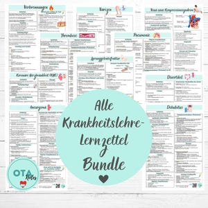 May include: A collection of medical study notes covering topics such as burns, varicose veins, and coronary heart disease. The notes are presented on white paper with black text and illustrations. A teal circle in the centre reads "Alle Krankheitslehre-Lernzettel Bundle."