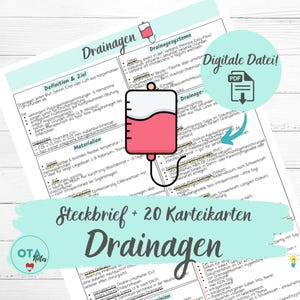 Könnte beinhalten: Eine digitale PDF-Datei mit medizinischen Notizen zu Drainagesystemen, einschließlich Definitionen, Materialien und Verfahren. Das Dokument enthält eine rote Blutbeutel-Illustration und den Text "Steckbrief + 20 Karteikarten Drainage."