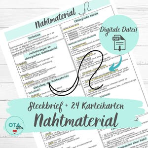 May include: A digital PDF file with detailed information on surgical suture materials, including definitions, requirements, and classifications. The document features diagrams and text, with the title "Nahtmaterial" and "Steckbrief + 24 Karteikarten" in a teal banner.