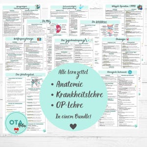 May include: A set of medical study notes on white paper, featuring diagrams and text. The notes cover anatomy, pathology, and surgical procedures. A teal circle in the centre reads "Alle Lernzettel - Anatomie - Krankheitslehre - OP-Lehre - In einem Bundle!"