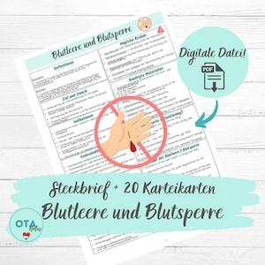 Puede incluir: Un archivo PDF digital con el título "Blutleere und Blutsperre" en alemán. La imagen incluye información médica, diagramas y el texto "Steckbrief + 20 Karteikarten". Una mano con una herida sangrante está tachada con un círculo rojo.