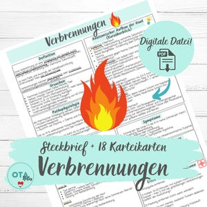 May include: A digital PDF file titled "Verbrennungen" (Burns) with a flame illustration. The document contains medical information, diagrams, and the text "Steckbrief + 18 Karteikarten". The file is for educational purposes.