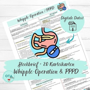 Puede incluir: Una hoja de referencia médica titulada "Whipple-Operation / PPPD" con diagramas del páncreas y órganos relacionados. El documento incluye texto en alemán, diagramas y las palabras "Digitale Datei!" y "PDF".