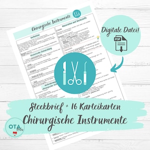 Könnte beinhalten: Eine digitale PDF-Datei mit dem Titel "Chirurgische Instrumente" auf Deutsch. Das Bild zeigt einen türkisfarbenen Kreis mit Illustrationen von chirurgischen Instrumenten, darunter ein Skalpell, eine Schere und eine Sonde. Text enthält "Definition" und "Historische Entwicklung."