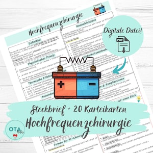 Op de afbeelding: Een digitaal PDF-bestand met de titel "Hochfrequenzchirurgie" (Hoogfrequente chirurgie) en de tekst "Steckbrief + 20 Karteikarten" (Indexkaart + 20 flashcards). De afbeelding bevat een batterijdiagram en medische informatie.