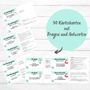 May include: A set of 50 flashcards with questions and answers about the human body. The flashcards are printed on white paper with a light blue border and feature illustrations of bones and muscles. The text on the flashcards is in German.