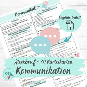 May include: A digital PDF file titled "Kommunikation" (Communication) in German, detailing communication principles and types. The document features pink and blue speech bubbles and black text. Includes the text "Digital File!" and "Steckbrief + 20 Karteikarten".