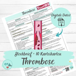 Puede incluir: Un archivo PDF digital con información médica sobre trombosis. El documento incluye notas detalladas, factores de riesgo y opciones de tratamiento, con un diagrama de un vaso sanguíneo. El texto incluye "Thrombose" y "Digitale Datei!"