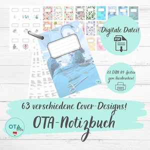 Pode incluir: Um arquivo digital com 63 designs diferentes de capas de cadernos. O caderno apresenta uma capa com uma cena cirúrgica e o texto "OTA-Notizbuch". Inclui 22 páginas A4 para impressão. O arquivo está em formato PDF.