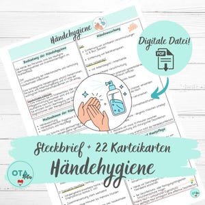 Puede incluir: Un archivo PDF digital titulado "Higiene de manos" en alemán. La imagen incluye ilustraciones de lavado y desinfección de manos, junto con contenido educativo. El archivo también incluye una sección titulada "Ficha informativa + 22 tarjetas".