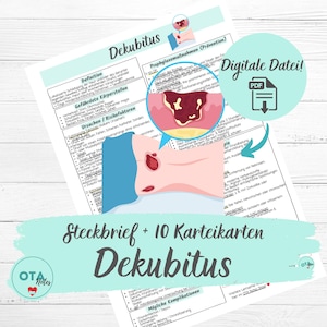 Könnte beinhalten: Eine digitale PDF-Datei mit dem Titel "Dekubitus" und einem Diagramm eines Druckgeschwürs. Das Bild enthält medizinische Informationen, Diagramme und den Text "Steckbrief + 10 Karteikarten Dekubitus."