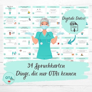 Puede incluir: Un archivo PDF digital con 39 tarjetas didácticas en alemán, dispuestas alrededor de una enfermera de dibujos animados con uniforme quirúrgico turquesa, gorro quirúrgico y mascarilla. Las tarjetas tienen texto en alemán.