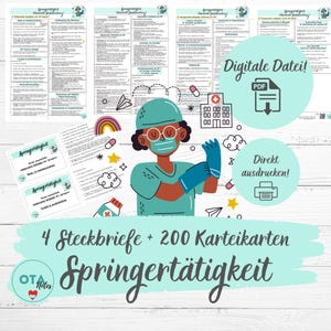 Könnte beinhalten: Eine Illustration mit einer medizinischen Fachkraft in türkisfarbener Arbeitskleidung und einer Gesichtsmaske, umgeben von medizinischen Grafiken. Das Bild enthält den Text "Digitale Datei!" und "Direkt ausdrucken!" sowie die Worte "4 Steckbriefe + 200 Karteikarten Springertätigkeit."
