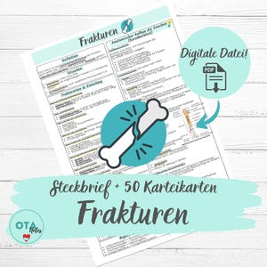Op de afbeelding: Een digitale PDF-bestand met het woord "Frakturen" in grote letters. De afbeelding bevat een diagram van een gebroken bot, medische terminologie en de tekst "Steckbrief + 50 Karteikarten".