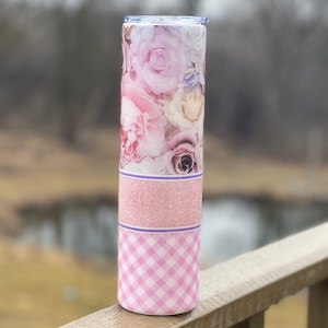 Floral spring summer Easter floral glitter and pink checkered tumbler cup epoxy gift for her mom