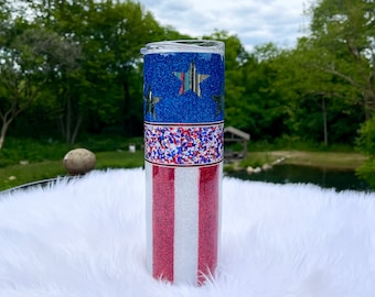American Flag 4th of July whimsical tumbler cup great gift for her mom grandma teacher daughter!  Patriotic festive glitter epoxy