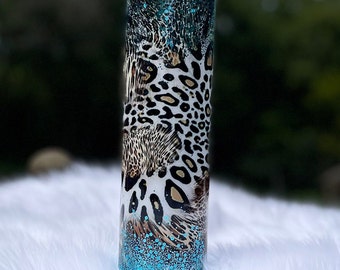 Regalo de taza de vaso con estampado de leopardo y brillo turquesa para el cumpleaños de su madre